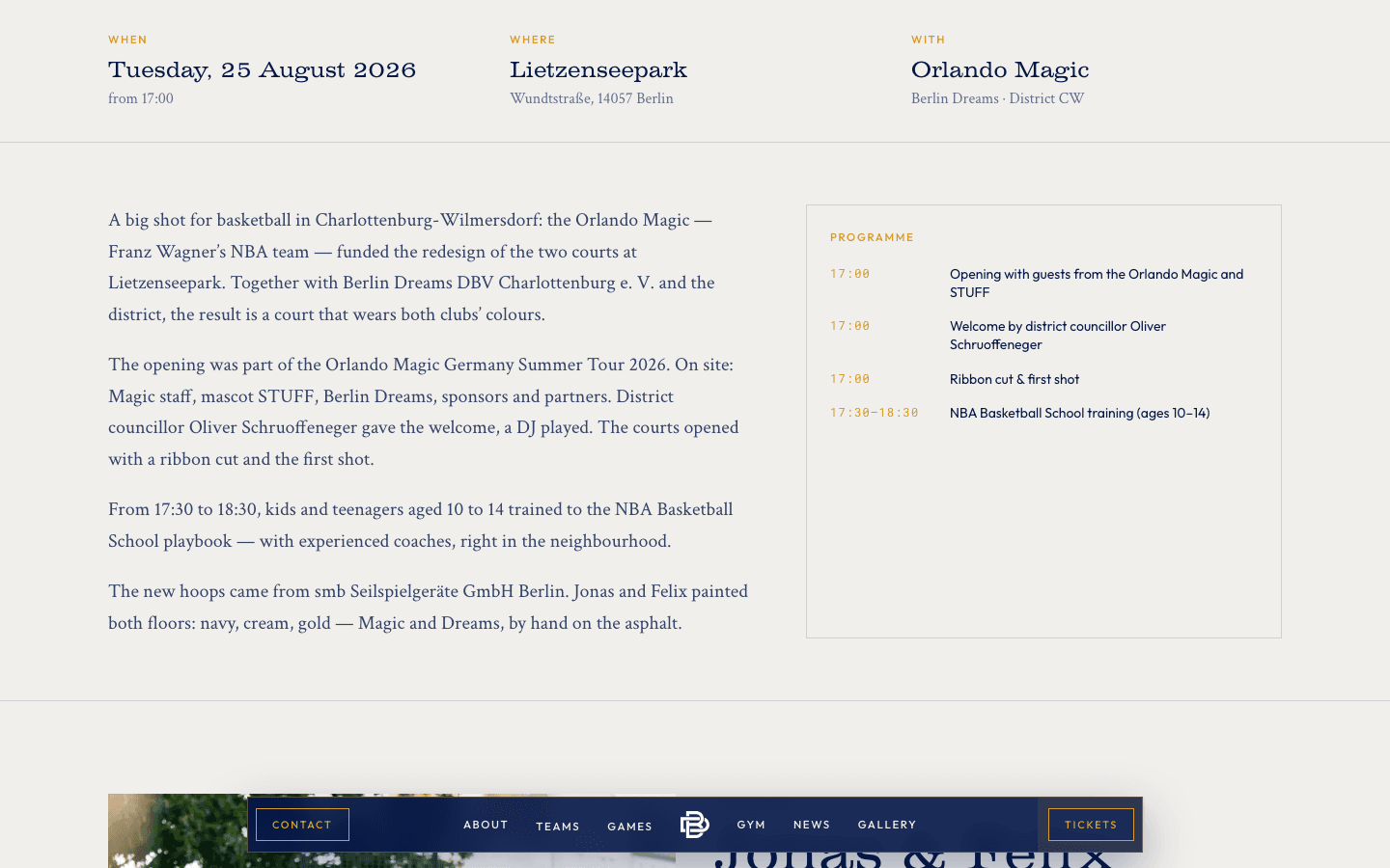 Screenshot der Court-Seite unter dem Hero: Termin im Lietzenseepark und Programm der Eröffnung
