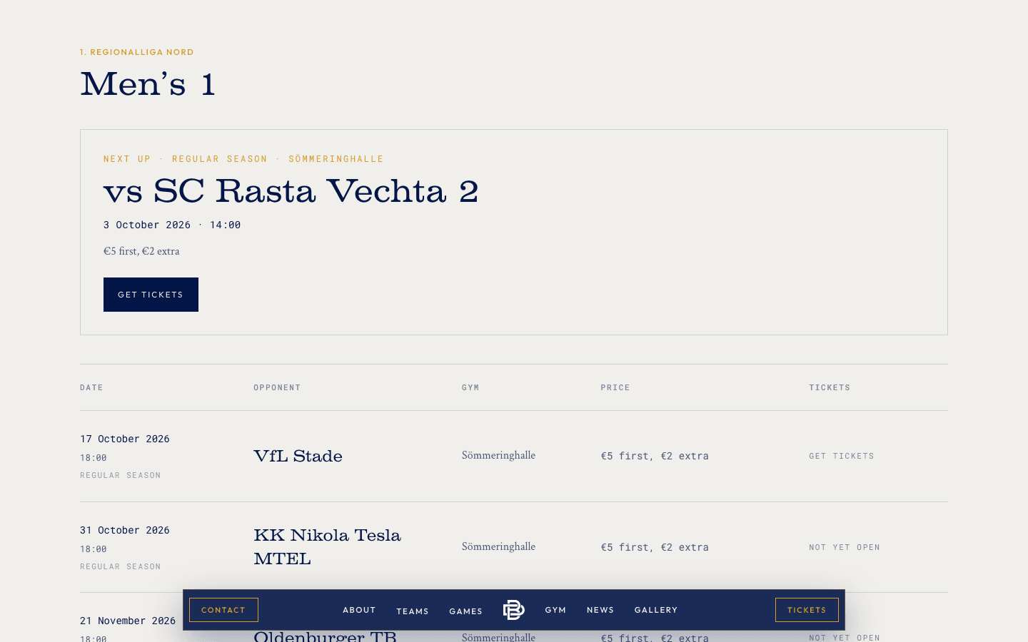 Screenshot der Ticketbuchung: nächstes Heimspiel gegen SC Rasta Vechta 2 und die Spielliste