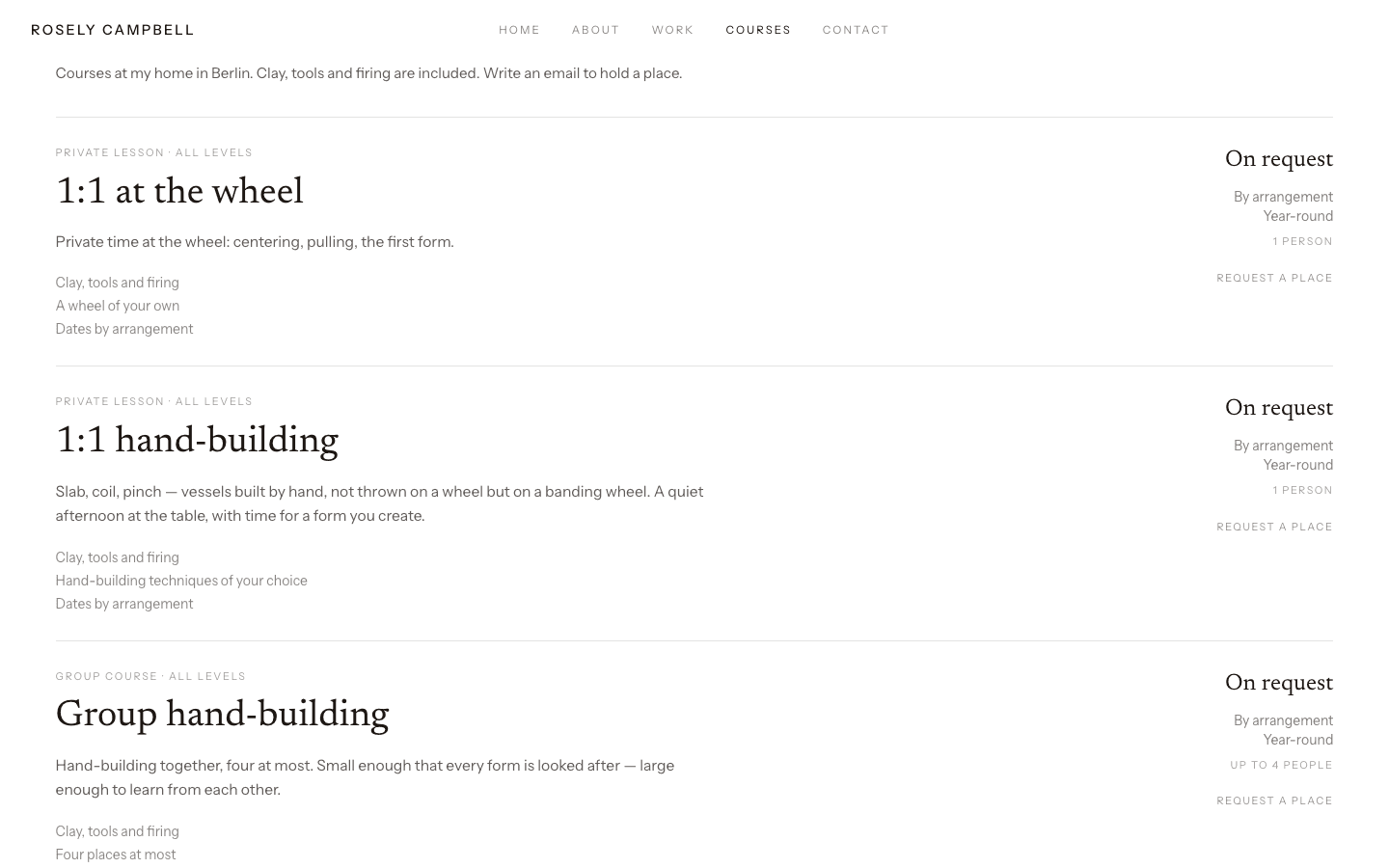 Screenshot der Kurse: 1:1 an der Scheibe, Handbuilding und eine kleine Gruppe, Platz per Mail